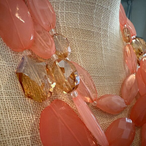 Salmon Pink Acrylic Bead 3 Strand Necklace - Picture 2 of 5